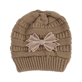 XROLAND Knit Hat Knitted with Ponytail Hole for Girls Adult Winter Hat Lovely Bowknot Decor Keep Warm Skiing Cycling Hat Pink