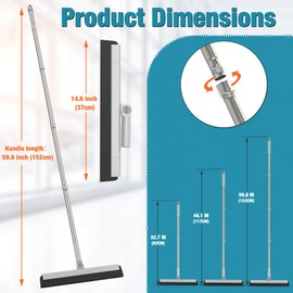 KOLLIEE Floor Squeegee 59" Adjustable Long Handle Professional with Hook Water Squeegee Foam Blade for Concrete Floor Tile Pet Hair Floor Wiper Grey