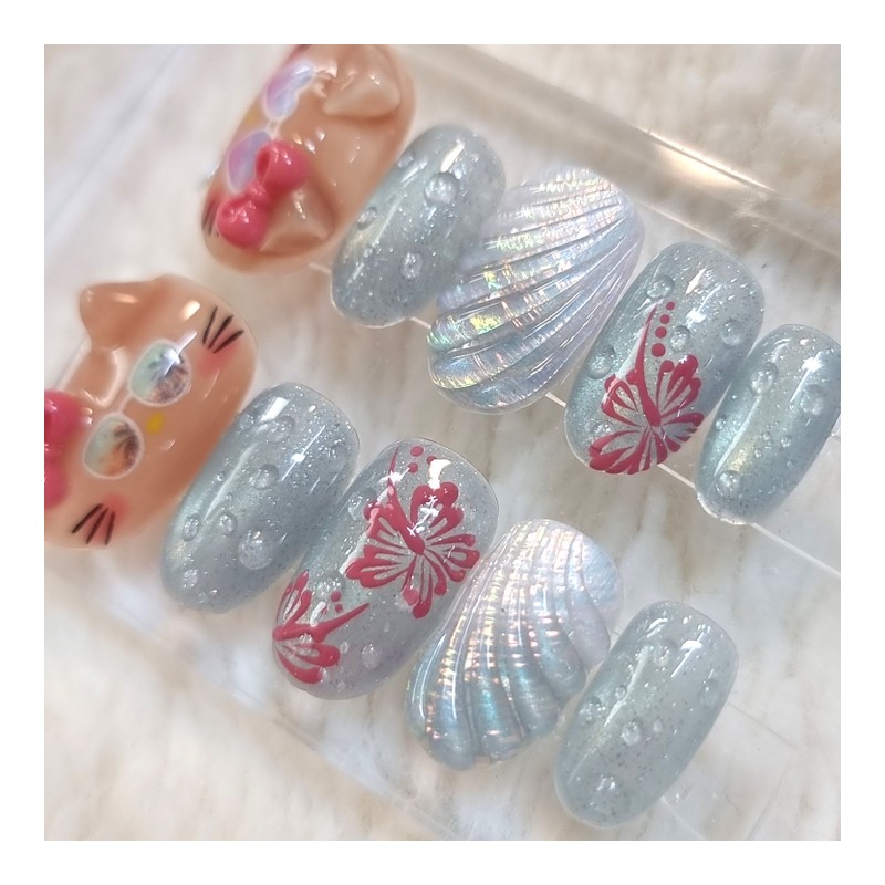 Summer Sunguri cat handmade nail tips - Short Square /