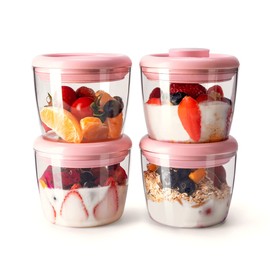 Ankou 400ml Meal Prep Container Set of 4 Pink Tritan Plastic Food Storage Containers with Lids, Airtight Leakproof Pop Top Lid Bowl for Breakfast Leftovers