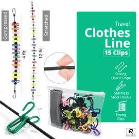 Portable Travel Clothesline with 15 Colorful Clips & Bag, Elastic RV & Camping Clothes Line for Indoor Laundry Drying Line & Outdoor Camping Accessories (Elastic)