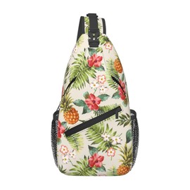LOSTORCHI Pineapple Crossbody Sling Bag for Women Men Tropical Fruits Hibiscus Flowers Leaves and Pineapple Travel Sling Backpack Casual Shoulder Bag Summer Hawaiian Style Gym Sports Hiking Daypack