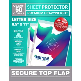 Samsill Sheet Protectors, 8.5x11 Inch Page Protectors for 3 Ring Binder, Super Heavy Duty, Secure Top Flap Protector, Letter Size, Top Loading, Acid Free, 50 Pack