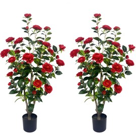 NYPP Artificial Camellia Tree 3.4ft red Flower and Green Leaf False Tree pseudophyte for Office Home Living Room Floor Greening Porch Decor Easy Maintenance(2 Pack - red)
