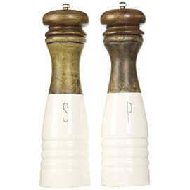 Mud Pie Farmhouse Wood and Enamel Mills Salt and Pepper Set, 10 1/2" x 3" dia, White, Brown