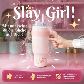 FACKELMANN Paris Hilton - Pink Stainless Steel Water Bottle with Plastic Handle and Straw - 1.1 L, Double Wall Insulated, Removable Handle