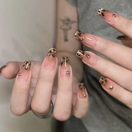 24Pcs Square French False Nails Tip, Cat's Eye Press on Nails with Leopard Design, Acrylic Full Cover Fake Nail Removable Stick on Nails for Women Girls Nails Art Manicure (French Brown Leopard)