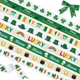 St. Patrick's Day Ribbon Set, 8 Designs 3 Yards x 3/8" Grosgrain, Shamrock Leprechaun Rainbow Irish Flag Lucky Sláinte Ribbons, DIY Party Decor Crafts Gift Wrap, Green Irish Holiday Supplies