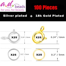 AD Beads Spring Clasps 14K Gold Plated and Silver Plated with Open Jump Rings Round Clasps for Necklaces Bracelet Or Jewelry Making (50Pcs / 25Pcs Silver & 25Pcs Gold Plated)