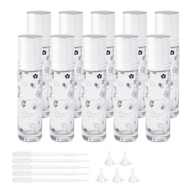 JIUWU 10Pcs 1/3Oz Glass Roller Bottles 10ml Lucky Cat Glass Roll on Bottles with Stainless Steel Rollerball Funnel Pipette & Tool Rollon Vials for Essential Oil Perfume, Silver Cap