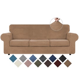 WEERRW 4 Pieces Polyester and Spandex High Stretch Couch Covers for 3 Cushion Couch Sofa Slipcovers, Furniture Protector with Non Slip Elastic Bottom, Feature Soft and Thick Plush Fabric, Camel, Large