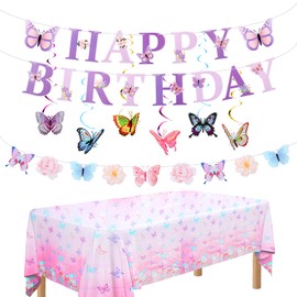 4 Set of Butterfly Birthday Decorations, Large Butterfly Party Decorations for Girls, Butterflies Party Supplies Decor with Happy Birthday Banner Spirals Flags for Women