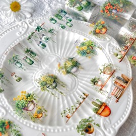 Scrapbooking Accessories Stickers Set, 3 Rolls Small Potted Plant Themed Aesthetic PET Washi Tape Stickers, Decorative for Bullet Journal Accessories, Journal, Photo Album, DIY (Little Hanging Basket