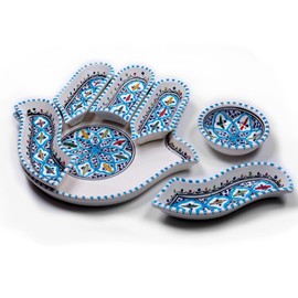 Kamsah Hamsa Serving Platter – 7-Piece Hand-Painted Ceramic Colorful Serving Dishes for Snacks, Appetizers, Dips and More – Moroccon Decorative Platters for Celebrations, Parties and Events