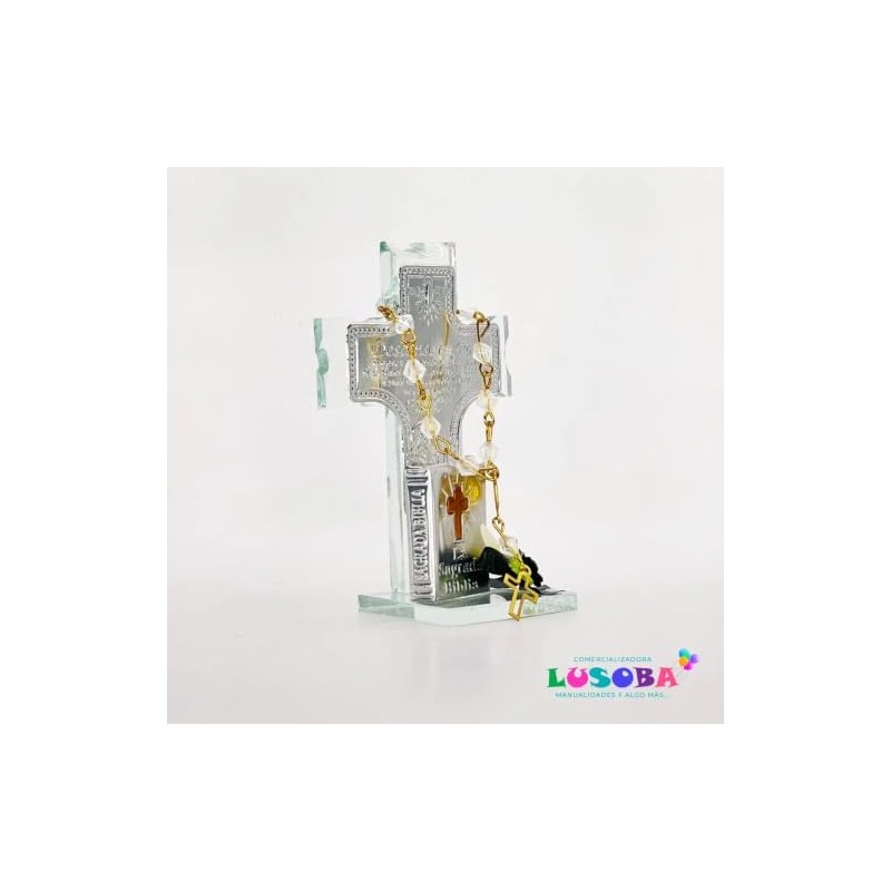 Cruz de Cristal con Mono y Mini Biblia Luctuoso 12