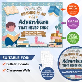 Decorably 45 Pcs Cutouts Boho Rainbow Reading Bulletin Board Sets with Borders, Reading Bulletin Board Decorations - School, Homeschool