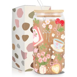 kdxpbpz Strawberry Cherry Iced Coffee Cup, Cottagecore Sweet Time Glass Tumbler, 16 oz Cute Girly Coffee Glass Cup with Lid Straw, Gifts for Women Friends Girls