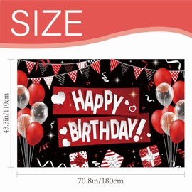 PIMXL Happy Birthday Banner - Red Black Birthday Banner, Happy Birthday Banner Party Background for Birthday Decoration, Birthday Party Decorations Banner for Men Women, 180 x 110 cm
