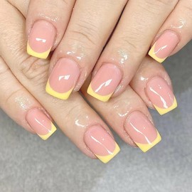 MERVF Square Press on Nails Short Fake Nail Yellow French Tip Glue ons Acrylic Nails Summer Beach Squoval Manicure DIY Supplies 24pcs Glossy