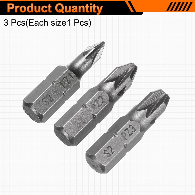 sourcing map 3pcs PZ1/PZ2/PZ3 Screwdriver Bit 1/4" Hex Shank 25mm/1"