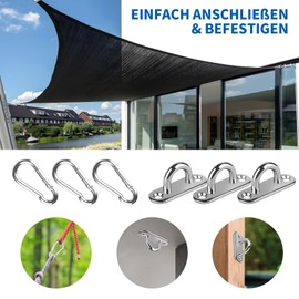 Pack of 12 Awning Fixing Set 6 x Carabiner Hooks and 6 x Eye Plate Stainless Steel Ceiling Hooks Heavy Duty M5-80 kg Eye Plate with Eyelet Bracket Cover Plate Mounting Hooks for Sun Sail Ship Deck