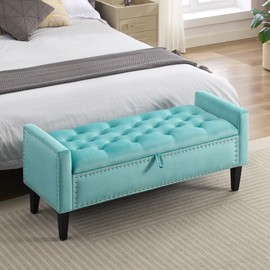 WUTUTUEE 47" Velvet Storage Bench, Upholstered Bed Bench with Storage, End of Bed Ottoman with Wooden Legs,Bedside Storage Bench for Bedroom, Living Room, or Entryway, Teal