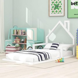 Harper & Bright Designs Twin Size Kids Floor Bed, Wood Floor Bed for Kids with House-Shaped Headboard, Twin Kids Bed Frame for Girls and Boys, No Box Spring Needed, Natural