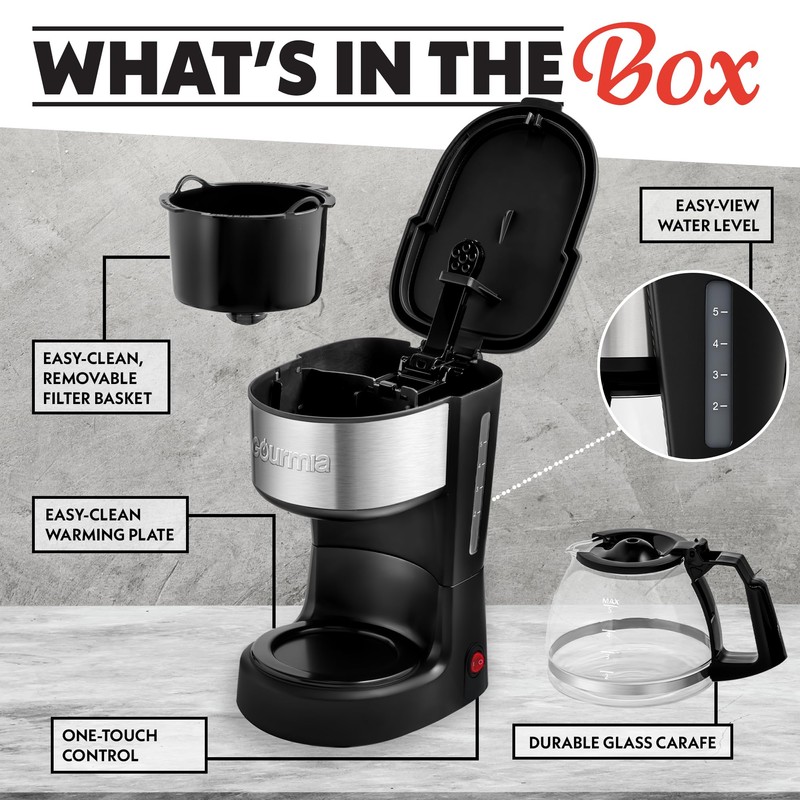 Gourmia 5-Cup One-Touch Drip Coffee Maker, Compact Countertop Coffee Machine