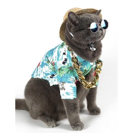 Impoosy Hawaiian Dog T Shirts Pet Summer Clothes Cat Sunglasses Funny Straw Hat Kitten Costumes with Gold Chain Collar (Small,Cyan-Blue)