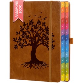 Password Book with Colorful Alphabetical Tabs, 8.4" x 5.8" Hardcover Password Keeper Organizer for Managing Internet Website Addresses and Logins, Ideal Gift for Home and Office - Brown