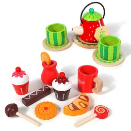 JAUNTY Tea Party Set Toy for Little Toddler Girl 3 4 5 6 Years Old, Wooden Tea Set Pretend Role Play Kitchen Toy with Carrying Case, 3-5 Year Old Kids Girls Boys Birthday