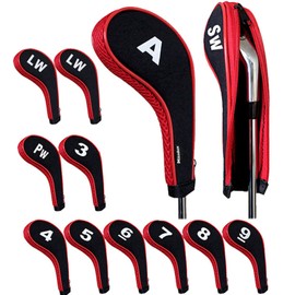 Andux Number Print Golf Iron Club Head Covers Long Neck with Zipper 12pcs/Set Black/red