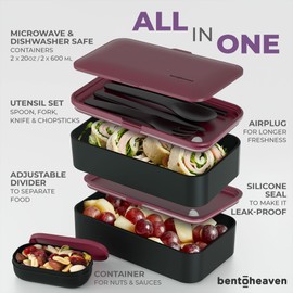 Bentoheaven Premium Bento Box Adult Lunch Box with 2 Compartments (40oz), Cutlery & Set of Chopsticks, Large Dip Container, Cute Black Japanese Bento Box, Rectangle, Microwavable (Very Berry)
