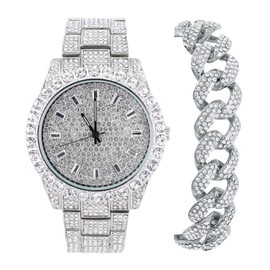 Techno Pave Mens Fully Iced Diamond Metal Band Watch & Bracelet Set - Silver Baguette Dial & Big Cuban Bracelet
