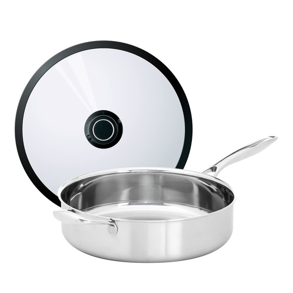 Black Cube Stainless Steel 4.5 QT Sauté Pan With Lid, 3 Ply Professional Grade Steel 11-Inch Pan, Sliver, Dishwasher Safe.