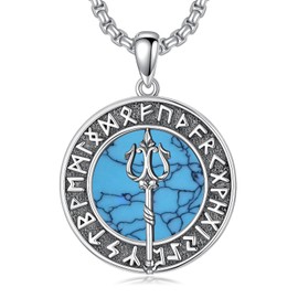 PELOVNY Viking Trident Necklace 925 Sterling Silver Turquoise Poseidon Pendant Greek Jewelry Anniversary Birthday Christmas Gifts for Men Women