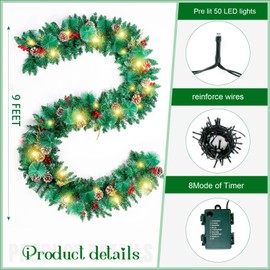 Joyhalo 9ft Christmas Garland Decorations with Lights Battery Operated - Outdoor Prelit Christmas Garland for Mantle, Lighted Christmas Garland Indoor for Stairs Railing Fireplace