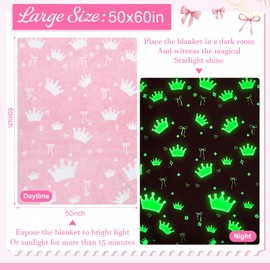 Glow in The Dark Queen Crown Flannel Blanket 50" x 60", Cute Aesthetic Preppy Throw for Girls & Women, Soft Cozy Fleece Blanket for Air-Conditioned Room Bedroom Sofa Couch Travel and Mother's Day
