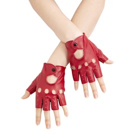 JISEN Women PU Leather Punk Gloves Snap Half Finger Performance Mittens D-Red