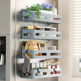 Sevenblue 4-Pack Magnetic Spice Rack for Refrigerator with Hooks, Grey | Strong multipurpose magnetic shelf for kitchen & bathroom organization. Includes