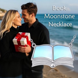 SHEAISRS Book Necklace for Women 925 Sterling Silver Reading Necklace Moonstone Jewelry Gifts for Student Best Friend Sister