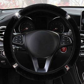 ZHOL Plush Steering Wheel Cover with Bling Bling Crystal Rhinestone, Universal 15 Inch Softy Fluffy Steering Wheel Cover for Women Girls, Anti-Slip, Winter Warm, Black