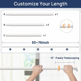 ENJOYBASICS Shower Curtain Rod 30 to 76 Inches, 1 Inch Stainless Steel Adjustable Spring Tension Rods No Drill for Bathroom, Closet, Window, Room Divider, Never Rust, Non Slip, White