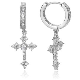 Generic Cross Earrings, Silver Dangle Hoop, Huggie, CZ Stones
