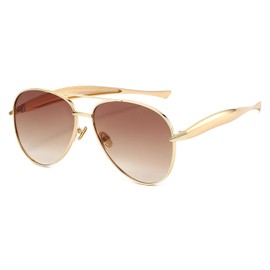 Long Keeper Retro Pilot Sunglasses for Women Men Gold Metal Oversized Aviation Sunglasses Trendy 70s Double Bridge Sun Glasses Anti UV400 Classic Vintage Shade (Gold Frame - Gradient Brown Lens)
