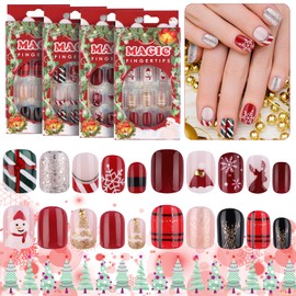 EBANKU 96 Pcs Christmas Fake Nails, Short Press on nail Full Cover False Nail Kits with 96Pcs Nail Adhesive Tabs, Snowflake Christmas Tree Elk Design Nail for Women Girl Nail Art Decoration