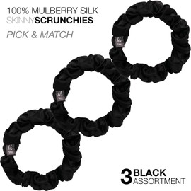 BasicSense Silk Hair Scrunchies Luxurious Mulberry Hair Tie - Skinny Scrunchy Set of 3pcs, Black