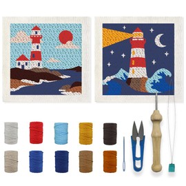 INFUNLY 2PCS Sea Lighthouse Punch Needle Embroidery Kit for Beginners Beacon DIY Punch Needle Starter Kit Lighthouse Handcraft Hooking Set with Printed Pattern Instruction for Festival Gift Home Decor