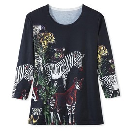 Sparkling Jungle Knit Top for Women, Wild Animals Graphic Print Shirt with Crystals, Fun Casual Tee with 3/4 Sleeves Black Multi
