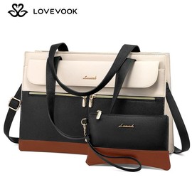 LOVEVOOK Laptop Tote Bags 15.6-17.3 inches for Woman with Clutch Purse, Large Business Teacher Office Crossbody Purse with 2 Cup Holder, Compact Waterproof Vegan Leather Shoulder Bags and Computer bag for Work, Office, Casual.:_Black-Beige-Brown_15.6''